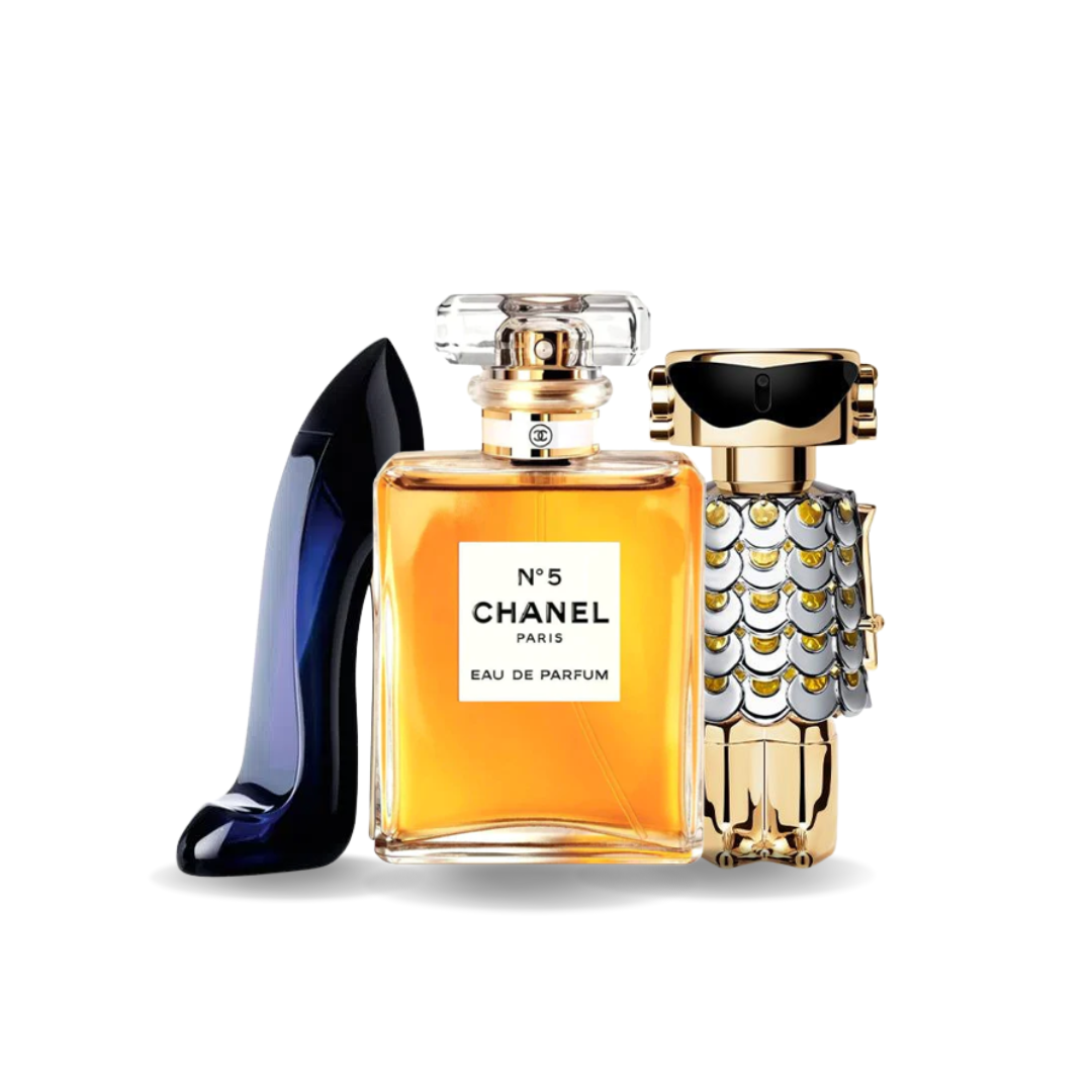 3er-Parfum-Set – Good Girl von Carolina Herrera, Nº5 von Chanel und Fame von Paco Rabanne